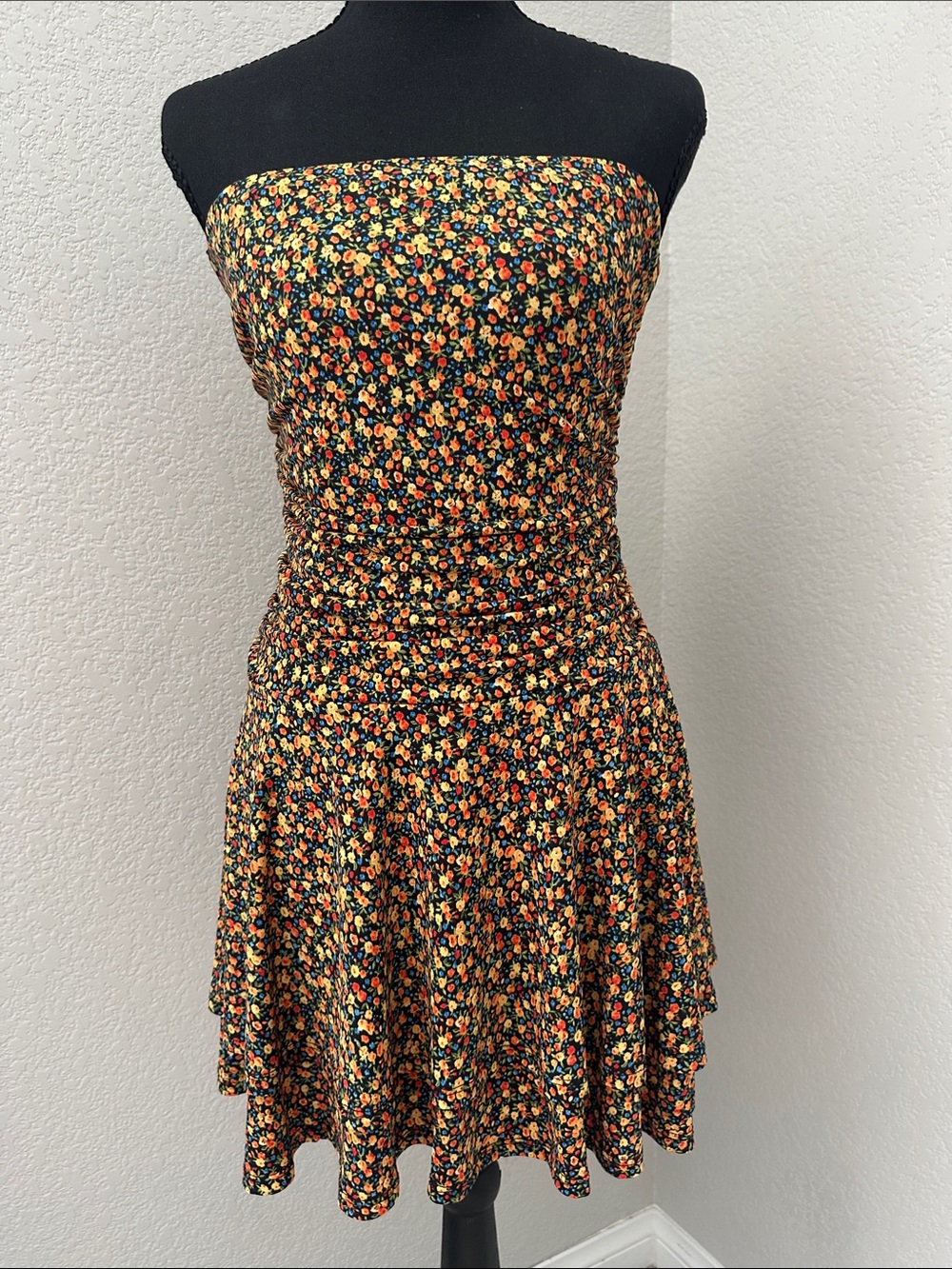 Lovely Day Black Strapless Dress with Orange & Yellow Floral Print
